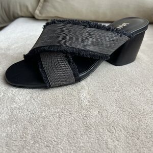 VANELi Baret Black Fringed Canvas Silver Small Studs Block Heel Sandal Women 6.5